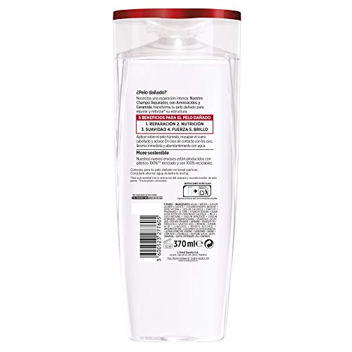 L'Oréal Paris Champú Reparador Para Pelo Dañado y Debilitado, Con Concentrado Reparador de Keratina XS, Elvive Total Repair 5, Pack de 4 Unidades x 370 ml, Total: 1480 ml