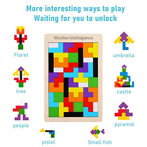 LOVEXIU Tangram Jigsaw Brain Teaser Toy(40 Piezas), 2 pcs Puzzle Tetris de Madera, Juguetes de geometría, Rompecabezas de Madera, Construcción Inteligencia Regalo Educativo para Niños