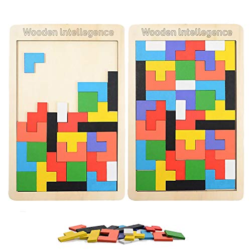 LOVEXIU Tangram Jigsaw Brain Teaser Toy(40 Piezas), 2 pcs Puzzle Tetris de Madera, Juguetes de geometría, Rompecabezas de Madera, Construcción Inteligencia Regalo Educativo para Niños