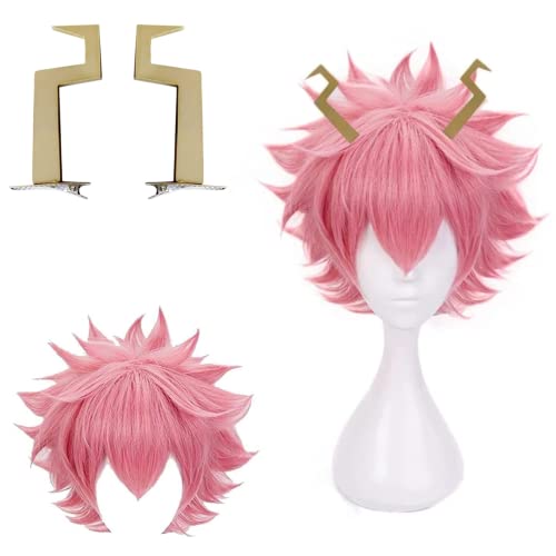 Lshpresx Pelucas de disfraz de Cosplay de pelo sintético de Anime rosa con dos cuernos con red de peluca gratis