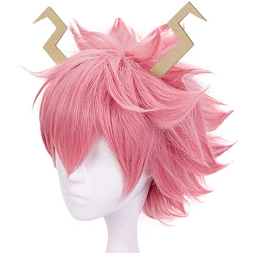 Lshpresx Pelucas de disfraz de Cosplay de pelo sintético de Anime rosa con dos cuernos con red de peluca gratis