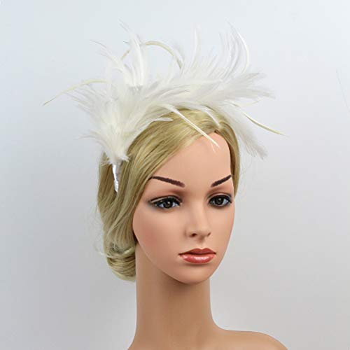 Lurrose Diadema de plumas Fascinator Banda para el cabello Tocados para la cabeza Tocado de disfraces para el Festival de fiestas elegantes (Blanco)