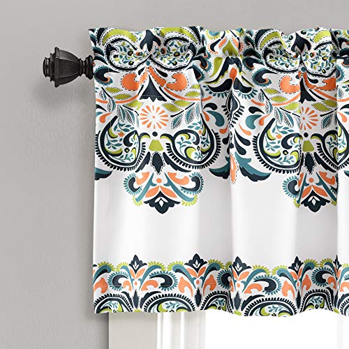 Lush Decor Clara Valance - Cortina Individual con Estampado de Damasco, Estilo Bohemio, 45,7 x 132 cm, Azul Marino y Mandarina