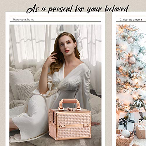Maletín Maquillaje Estuche de Maquillaje Maletín de Joyero y Manicura Caja Maquillaje Cosméticos Organizador con Espejo Profesional Vacío Beauty Case de Viaje Regalos para Mujeres 24x17x19cm, Oro Rosa
