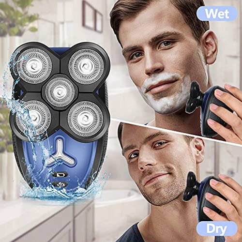 Maquinilla de Afeitar Hombre 5D, 5 In 1 Maquina Afeitar Calva, Afeitadora Electrica Hombre Impermeable con Húmedo y Seco, Máquina de Afeitar Hombre para Nariz, Orejas y Cara (5D, Azul)