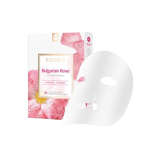 Mascarilla facial FOREO Bulgarian Rose para piel deshidratada y opaca, pack de 3, fórmula hidratante y revitalizante, no testada en animales y compatible con los dispositivos UFO