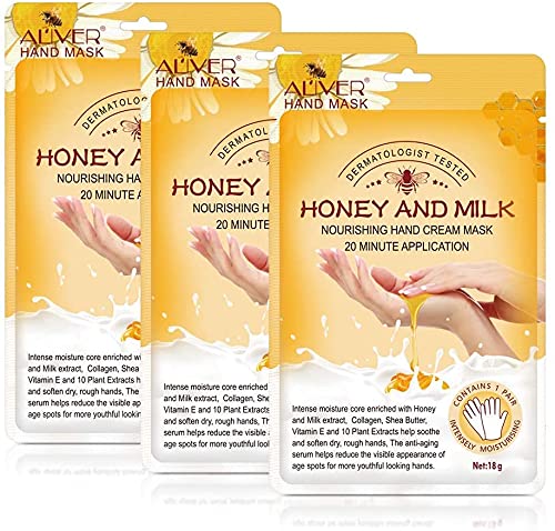 Mascarilla para manos, Guantes hidratantes de miel y leche Nutritiva Suavizar Cuidado de manos para grietas secas Máscara de manos Exfoliante Blanquear para mujeres y hombres (3 pares)