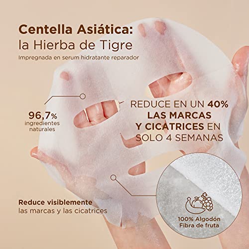 Mascarillas faciales Hidratantes Reparadoras con Concentrado de Cica y Acido Hialurónico. Mascarillas faciales Pack de 5. Potente acción Hidratante. Tejido Natural de Fibra de Frutas Ardaraz
