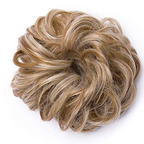 Moño Postizo Rizado con Goma Extensiones de Pelo Sintético - Fácil de Colocar y Natural - Ondulado Postizo recogidos Coletero para Mujeres (35g,#Miel Marrón & Rubio Pálido)