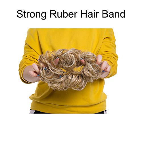 Moño Postizo Rizado con Goma Extensiones de Pelo Sintético - Fácil de Colocar y Natural - Ondulado Postizo recogidos Coletero para Mujeres (35g,#Miel Marrón & Rubio Pálido)