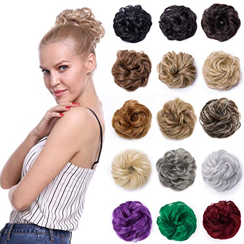 Moño Postizo Rizado con Goma Extensiones de Pelo Sintético - Fácil de Colocar y Natural - Ondulado Postizo recogidos Coletero para Mujeres (35g,#Miel Marrón & Rubio Pálido)