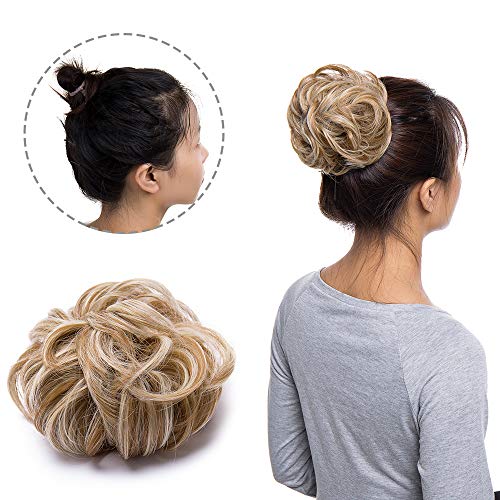 Moño Postizo Rizado con Goma Extensiones de Pelo Sintético - Fácil de Colocar y Natural - Ondulado Postizo recogidos Coletero para Mujeres (35g,#Miel Marrón & Rubio Pálido)