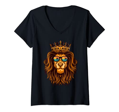 Mujer Cool Lion Con Gafas De Sol Summer King Tropical Sun-Glasses Camiseta Cuello V