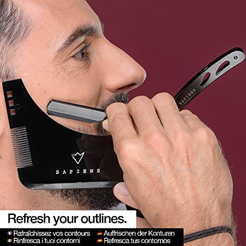 Navaja de Afeitar Barbero y Peine Plantilla Barba Sapiens Barbershop - Kit de Afeitado de Contornos de Barba Hombre con Peine Guía, Navaja de Afeitar, Cuchillas de Afeitar Derby, Funda Protectora