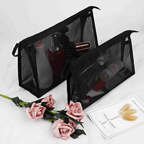Neceser de Maquillaje, Bolsa de Aseo Cosméticos Malla,Organizador de Viaje de Artículos de tocador para Mujer y Hombre con Cremallera para Vacación Baño y Almacenamiento (2 Multi-tamaños, Negro)
