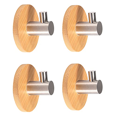 Newness 4 Piezas Ganchos Adhesivos, Toallero Perchero Pared de Cocina Baño, 304 Acero Inoxidable y Ganchos de Bambú del Robe, para Baño y Cocina, para Colgar Capa, Correa, Llaves (MAX 2.3KG)