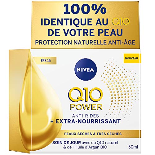 Nivea Q10 Power antiarrugas - Cuidado de día + extra nutritivo (1 x 50 ml), cuidado facial FPS 15 enriquecido con aceite de argán orgánico y Q10 natural, crema de día para piel seca a muy seca