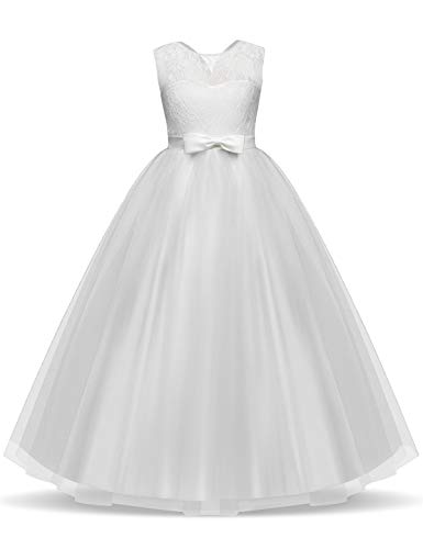 NNJXD Vestido de Fiesta de Tul de Encaje Falda de Princesa para Niñas Talla (170) 12-13 Años Blanco