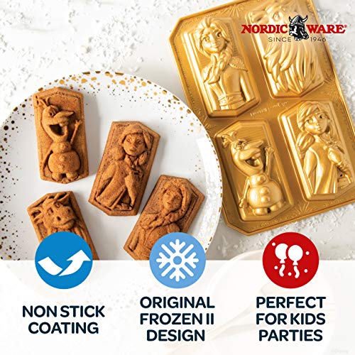 Nordic Ware Disney Frozen - Molde para tartas con 2 personajes fundidos para 4 pasteles, diseño de congelado, color dorado