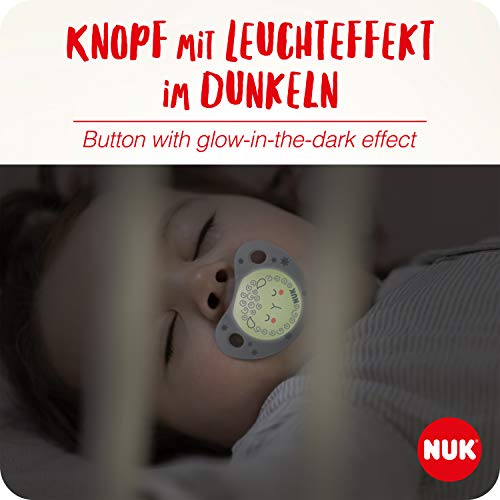 NUK Trendline Night Dummy, 18-36 meses, chupete con efecto luminoso, silicona sin BPA, rosa, paquete de 2