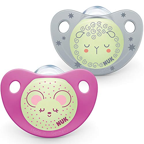 NUK Trendline Night Dummy, 18-36 meses, chupete con efecto luminoso, silicona sin BPA, rosa, paquete de 2