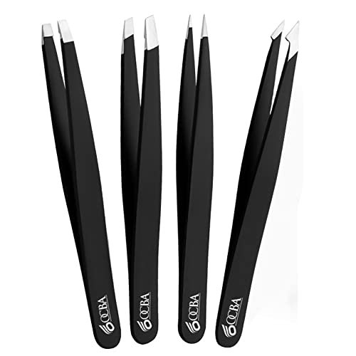 OCBA 4 piezas Pinzas para cejas pinzas de depilar para depilación de cejas Punta mejorada Pinzas profesionales para cejas con acabado antideslizante para depilación con funda incluida