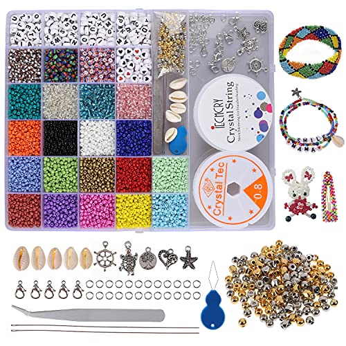 Olasfa 8270 Piezas Cuentas de Colores 3mm Cuentas de Vidrio Cristal Cuentas Abalorios Letras con Conchas Hilo Elástico Colgantes para Pulseras Collares Pendientes DIY Bisutería Artesania (8270 Pcs)