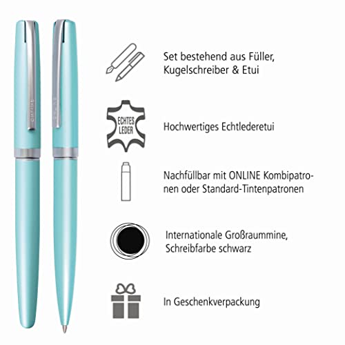 Online Eleganza - Juego de escritura (incluye bolígrafo, pluma estilográfica, estuche de piel auténtica), color turquesa