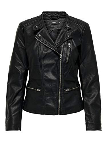 Only Leather Look Biker Jacket Chaqueta, Negro (Black), 42 para Mujer