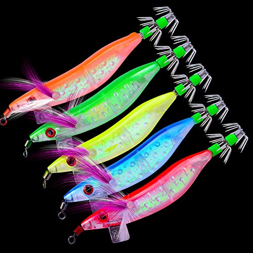 OriGlam 5 señuelos luminosos de pesca de agua salada, calamar, pulpo, camarones, cebos de señuelo de camarones de pesca, cebos suaves de camarones luminosos para agua dulce y agua salada