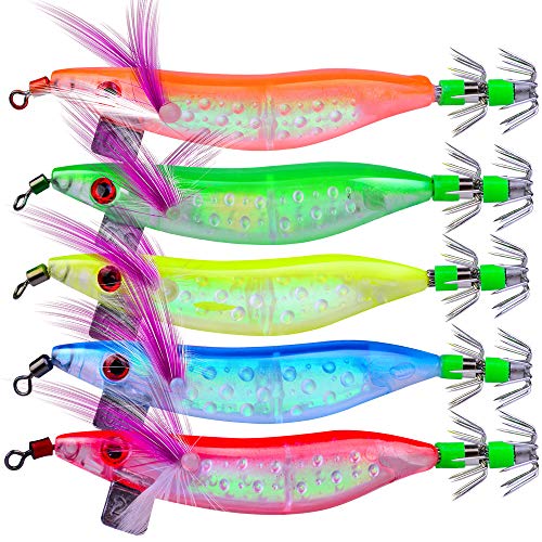 OriGlam 5 señuelos luminosos de pesca de agua salada, calamar, pulpo, camarones, cebos de señuelo de camarones de pesca, cebos suaves de camarones luminosos para agua dulce y agua salada