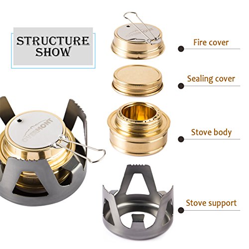 Overmont Mini Estufa de alcohol de cobre, hornillos de acampada con soporte de aleación de aluminio cortavientos portátil color Oro /Gris /Verde de Oliva