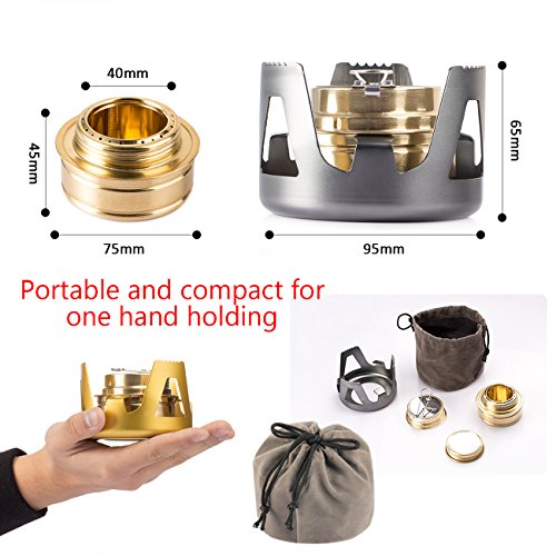 Overmont Mini Estufa de alcohol de cobre, hornillos de acampada con soporte de aleación de aluminio cortavientos portátil color Oro /Gris /Verde de Oliva