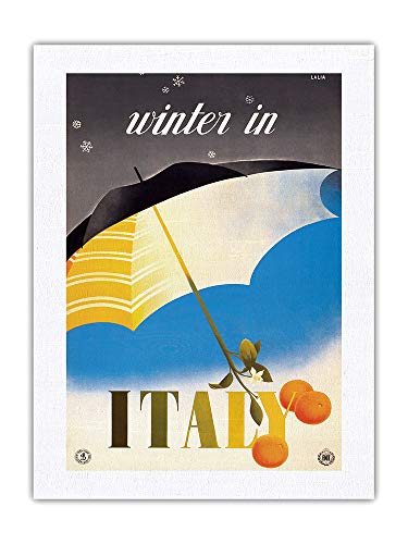 Pacifica Island Art Invierno en Italia - Naranjas sanguinas Italianas Tarocco bajo un Paraguas - Póster Viajes de Alfredo Lalia c.1951 - Impresión de Arte Seda Pura Tela 46x61cm