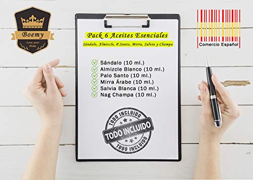 Pack 6 Aceites Aromáticos | Salvia Blanca + Palo Santo + Sándalo + Mirra + Nag Champa + Almizcle Blanco | Incluyen Estuche y dosificador