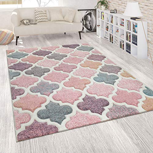 Paco Home Alfombra Orient Rosa Color de Rosa Salón Colores Pastel Diseño marroquí Apilamiento Corto, tamaño:120x170 cm