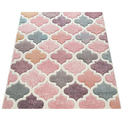 Paco Home Alfombra Orient Rosa Color de Rosa Salón Colores Pastel Diseño marroquí Apilamiento Corto, tamaño:120x170 cm