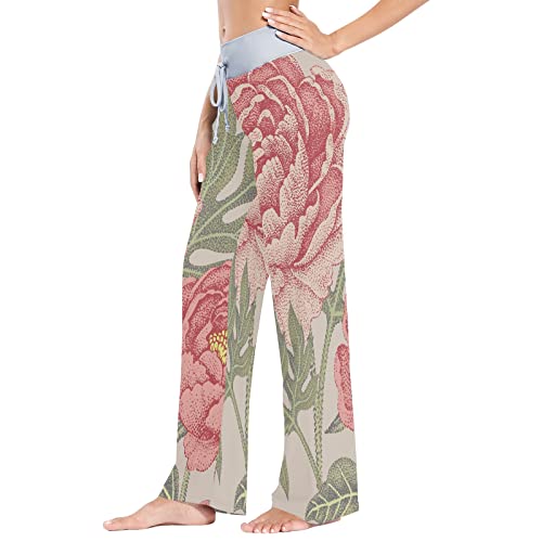 Pantalones de pijamas para mujer Pantalones de salón con cordones, flores japonesas Peony Pink Peony