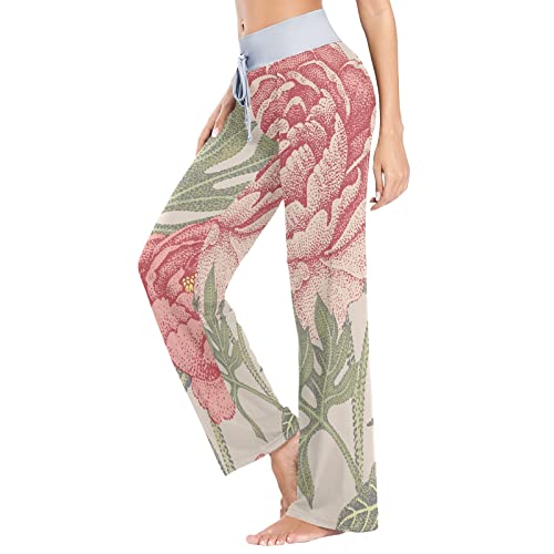 Pantalones de pijamas para mujer Pantalones de salón con cordones, flores japonesas Peony Pink Peony