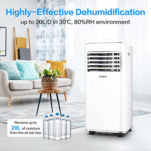 Pasapair Aires acondicionados móvil, Deshumidificador 20L/día para habitaciones de hasta 195m³ (~ 30 m²),7000BTU/h Refrigeración con Pantalla LED|Mando a distancia|24h-Temporizador|Kit de ventana|R290