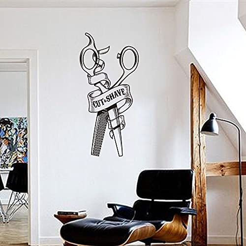 Peluquería tijeras peine ventana de afeitar pegatinas de pared barbería peluquería salón tienda pared calcomanía vinilo Mural A5 56x27cm