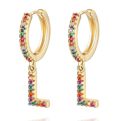 Pendientes Letras para Niñas Mujeres, arcoíris Pendientes aros con Colgante Iniciales L Circonitas Colores Pendientes Colgantes de aro Joyas Regalos