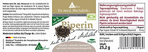 Piperine según el Dr. Michalzik Medicine - Piperina de pimienta negra - mejor biodisponibilidad - 60 cápsulas de 10 mg - Extracto de Piper Nigrum 95% alcaloides - sin aditivos - de BIOTIKON®