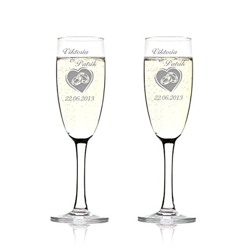 polar-effekt Juego de 2 copas de champán personalizadas con grabado, regalos de boda para novios, nombre y fecha, idea de regalo para boda, vasos de boda para parejas, anillos en el corazón