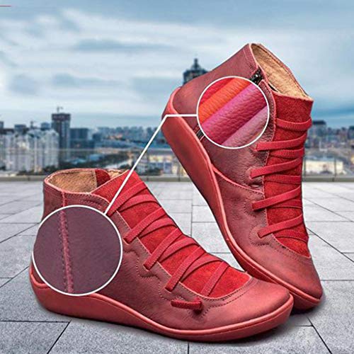 POLP Botas,Mujer Botines de Cuero Otoño Invierno Vintage Botines Mujer con Cordones Zapatos de Mujer Botas Cómodas de tacón Plano Cremallera Bota Corta Casual