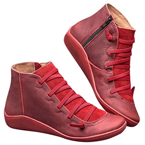 POLP Botas,Mujer Botines de Cuero Otoño Invierno Vintage Botines Mujer con Cordones Zapatos de Mujer Botas Cómodas de tacón Plano Cremallera Bota Corta Casual