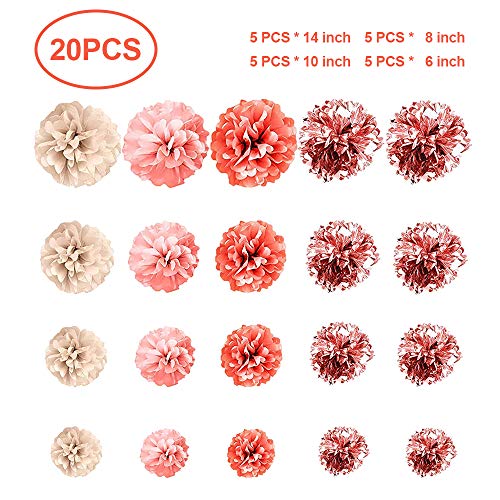 Pompon de Papel de Seda, Decoraciones de Fiesta de Oro Rosa, Papel de Aluminio Metálico y Pompones de Papel de Seda para Cumpleaños, Bebé, Despedida de Soltera, Boda, Fiesta