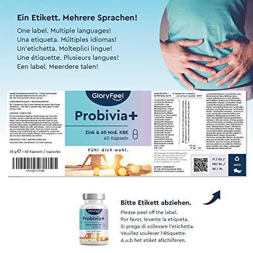 Probióticos Complex Probivia + Zinc - 60 mil millones UFC - 21 cepas bacterianas + Inulina y Zinc con Lactobacillus y Bifidobacterium - Probado en laboratorio, vegano y hecho en Alemania