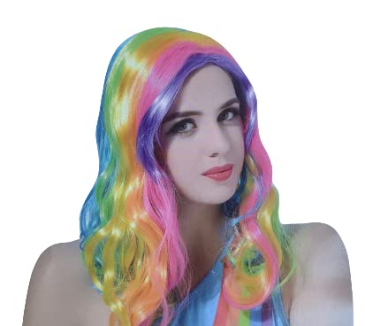 Productos Licenciados Peluca para mujeres Cabello Ondulado multicolor. Peluca Mujeres Arcoíris. Peluca Carnaval, Halloween, disfraces.