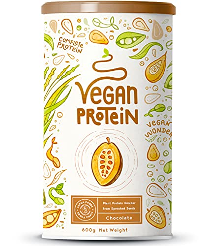 Proteina Vegana - CHOCOLATE - Proteinas vegetal de soja, arroz, guisantes, amaranto, semillas de lino de girasol y de calabaza germinadas - 600 g en polvo con sabor a Chocolate natural